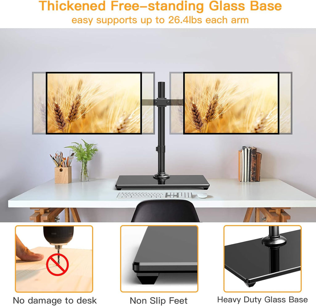 Dual Monitor Stand with Glass Base, Height Adjustable Two Arm Monitor Mount, Heavy Duty, Pack of 2 H22079