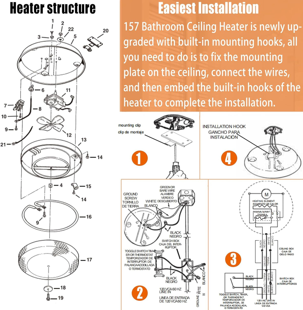 Bathroom Ceiling Heater, 1250W Instant Heat C99848