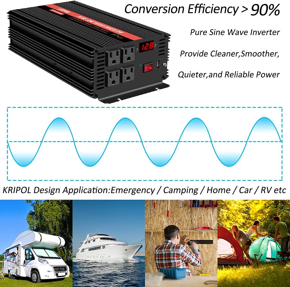 1000 Watt Pure Sine Wave Inverter 12v DC to 110/120v AC V14266