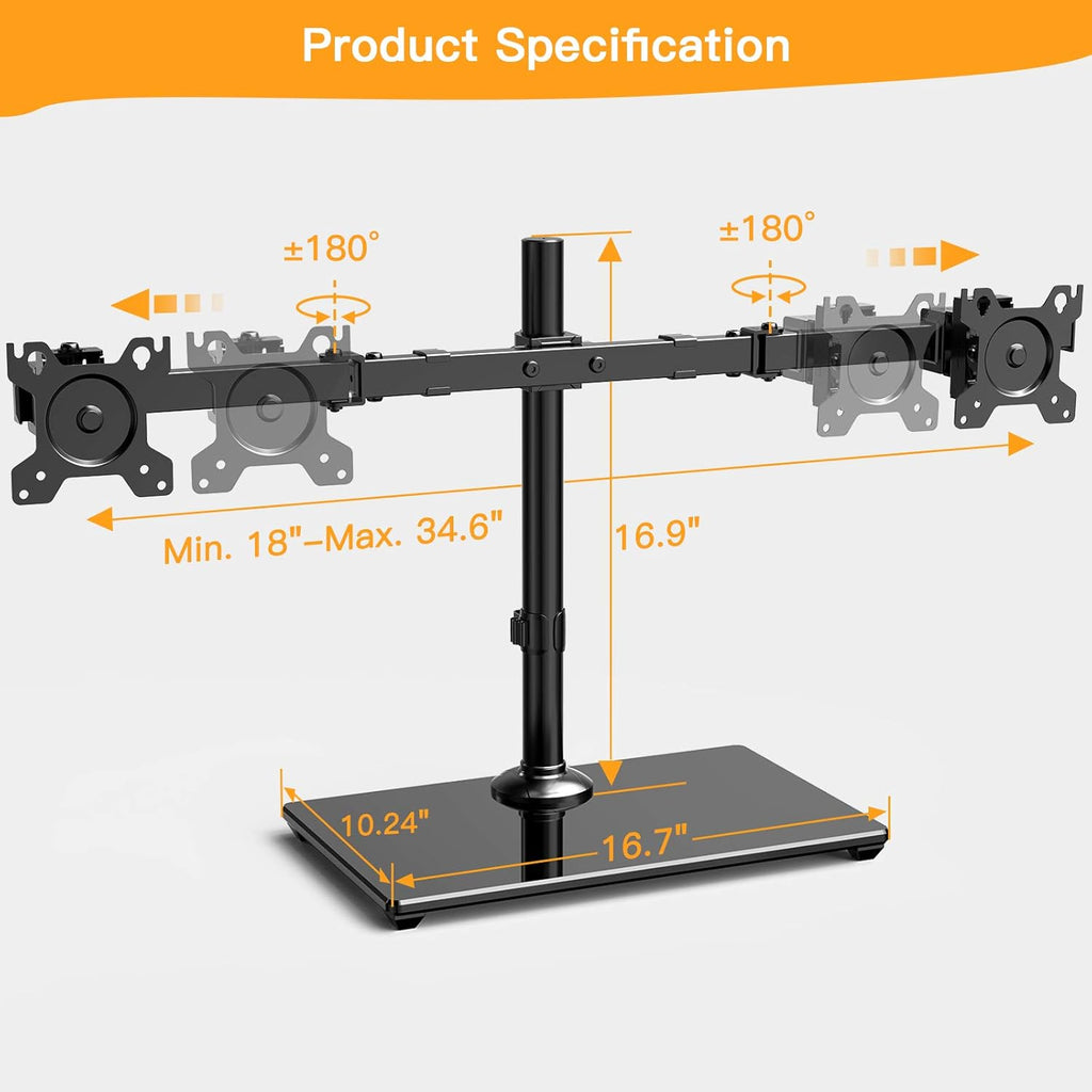 Dual Monitor Stand with Glass Base, Height Adjustable Two Arm Monitor Mount, Heavy Duty, Pack of 2 H22079