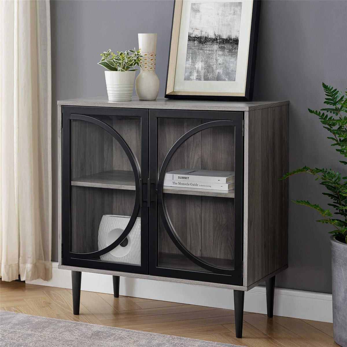 Metal and Glass Door Accent Console P53903