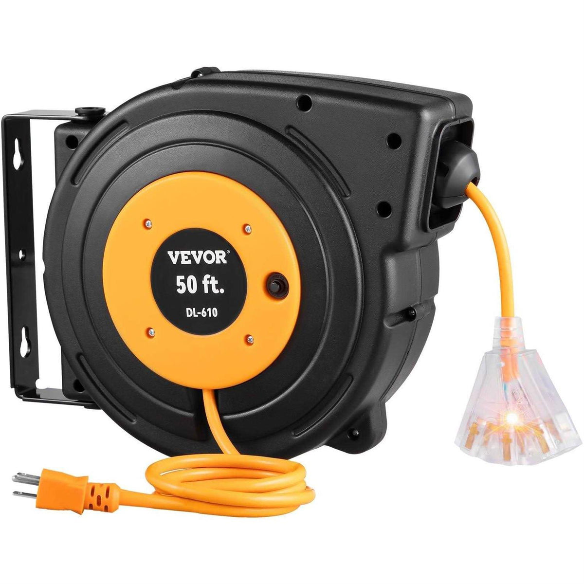 50 ft Heavy Duty 14AWG/3C SJTOW Retractable Extension Cord Reel with Lighted Triple Tap Outlet J25821