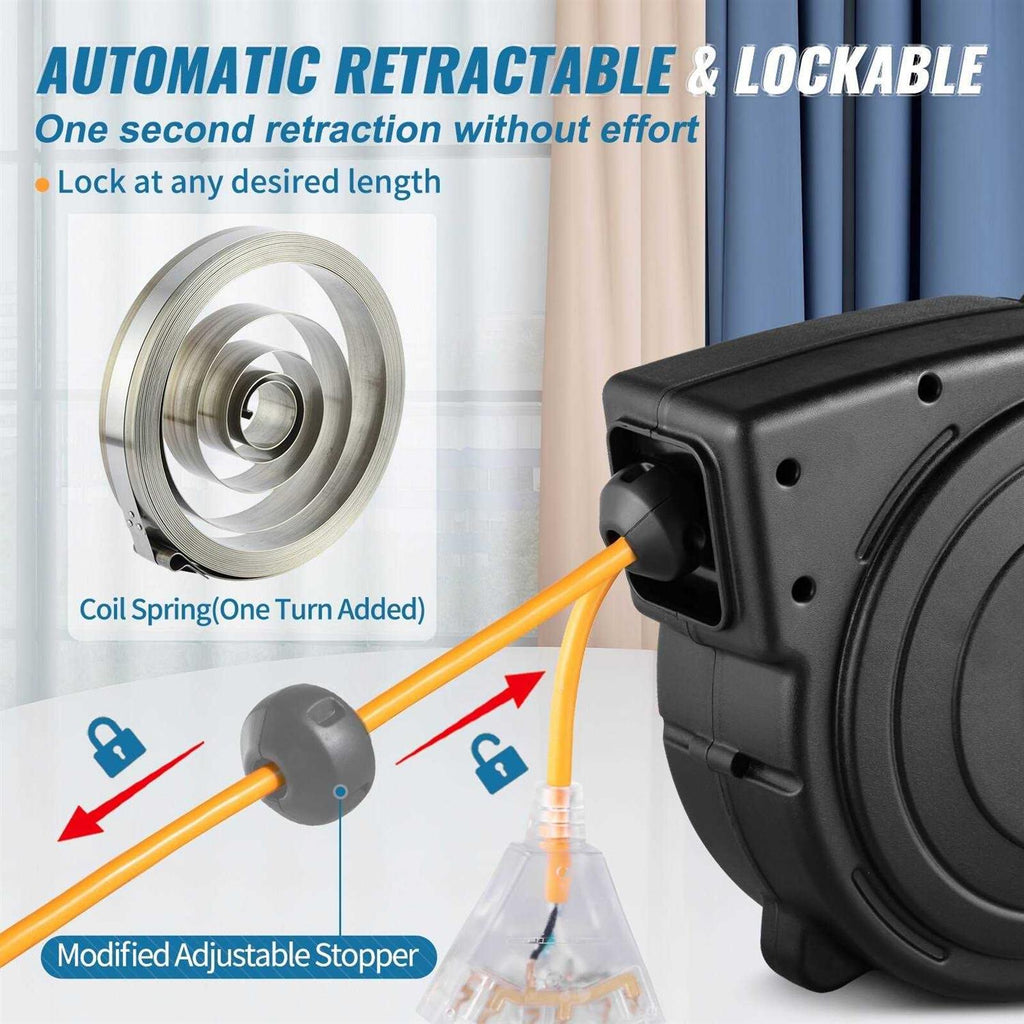 50 ft Heavy Duty 14AWG/3C SJTOW Retractable Extension Cord Reel with Lighted Triple Tap Outlet J25821