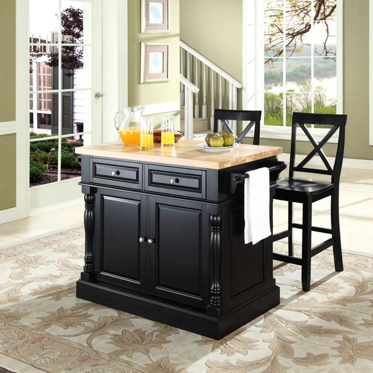 Black Wood Kitchen Island with Stools I162