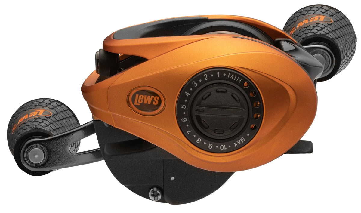 Orange Baitcast Fishing Reel, Right-Hand Retrieve, 7.5:1 Gear Ratio, 10 Bearing System C59607