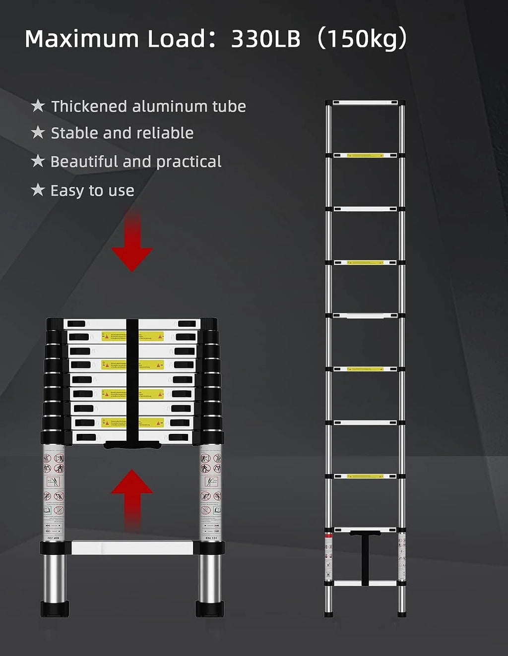 Telescoping Ladder, 12.5 FT Aluminum Heavy Duty 330 lbs Load E944795