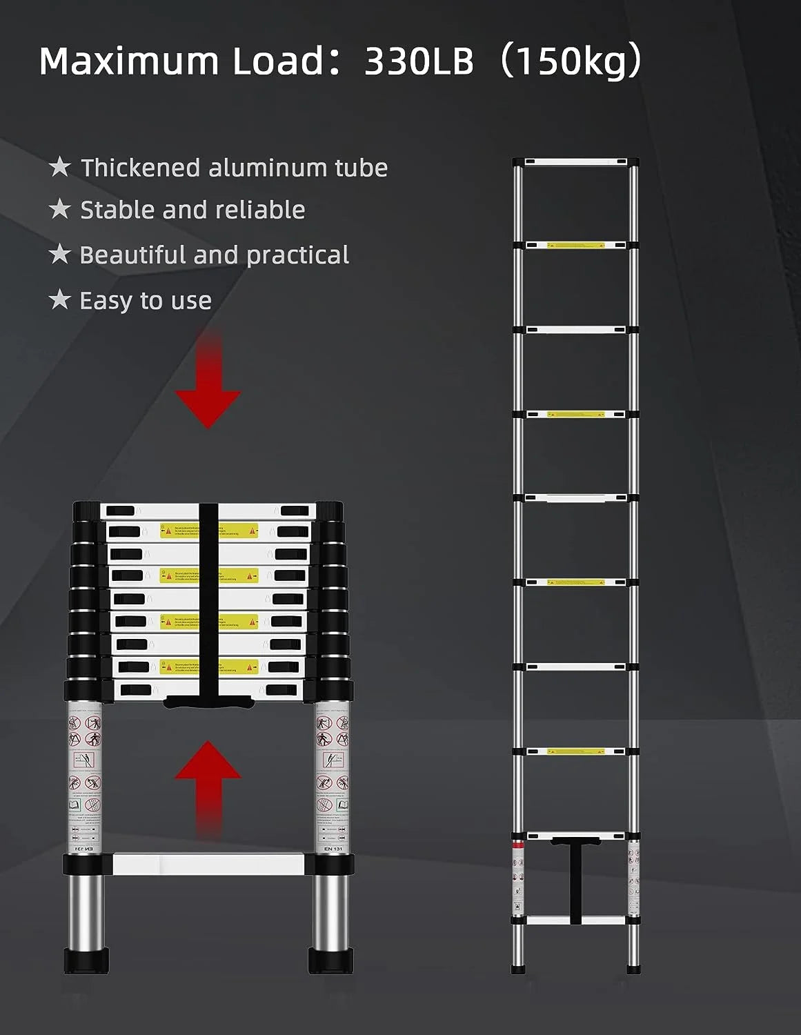Telescoping Ladder, 12.5 FT Aluminum Heavy Duty 330 lbs Load E944795