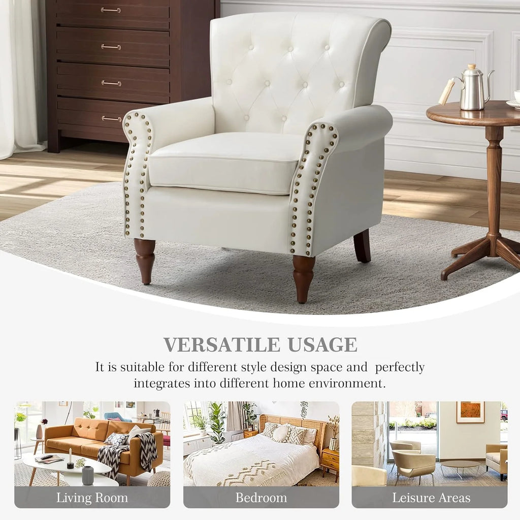 Ivory Faux Leather Accent Chair with Solid Wood Legs Z10207