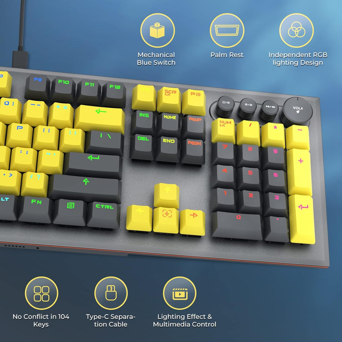 104 Keys Wired Mechanical Gaming Keyboard with Rainbow RGB Backlit Leather Wrist Rest K1776