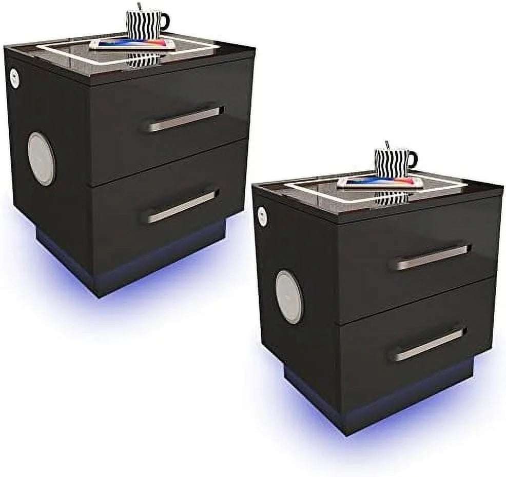 Black Nightstand with Drawers and Charging Station I9772