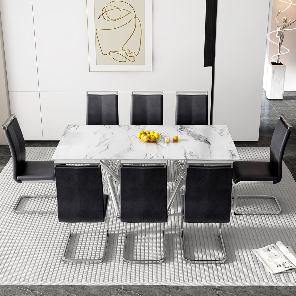 Rectangular Glass Dining Table for 6-8 People with Tempered Glass Top and Silver Metal Legs E722750