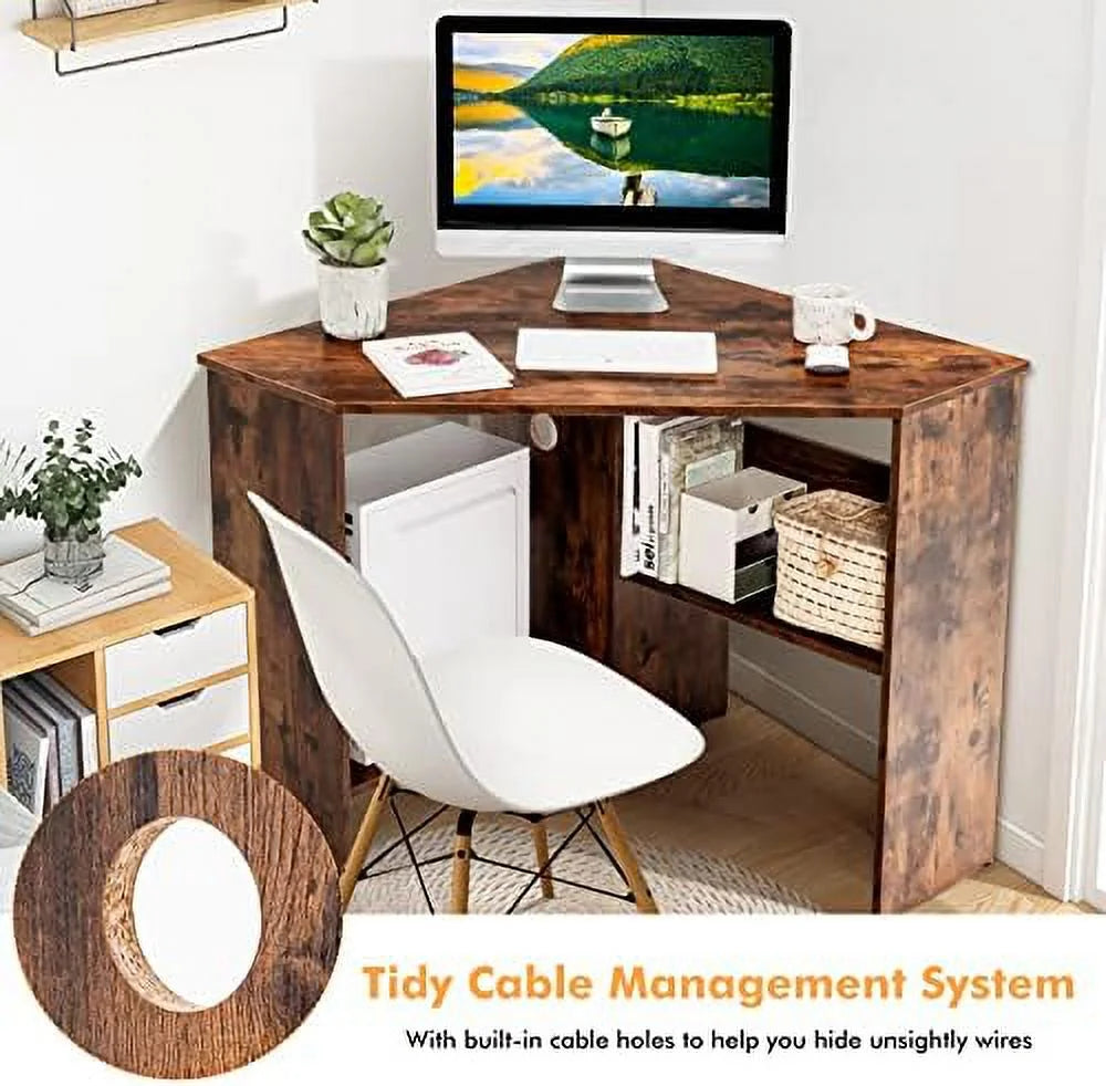 Corner Computer Desk Triangular Writing Desk with 2 Shelves Y49776