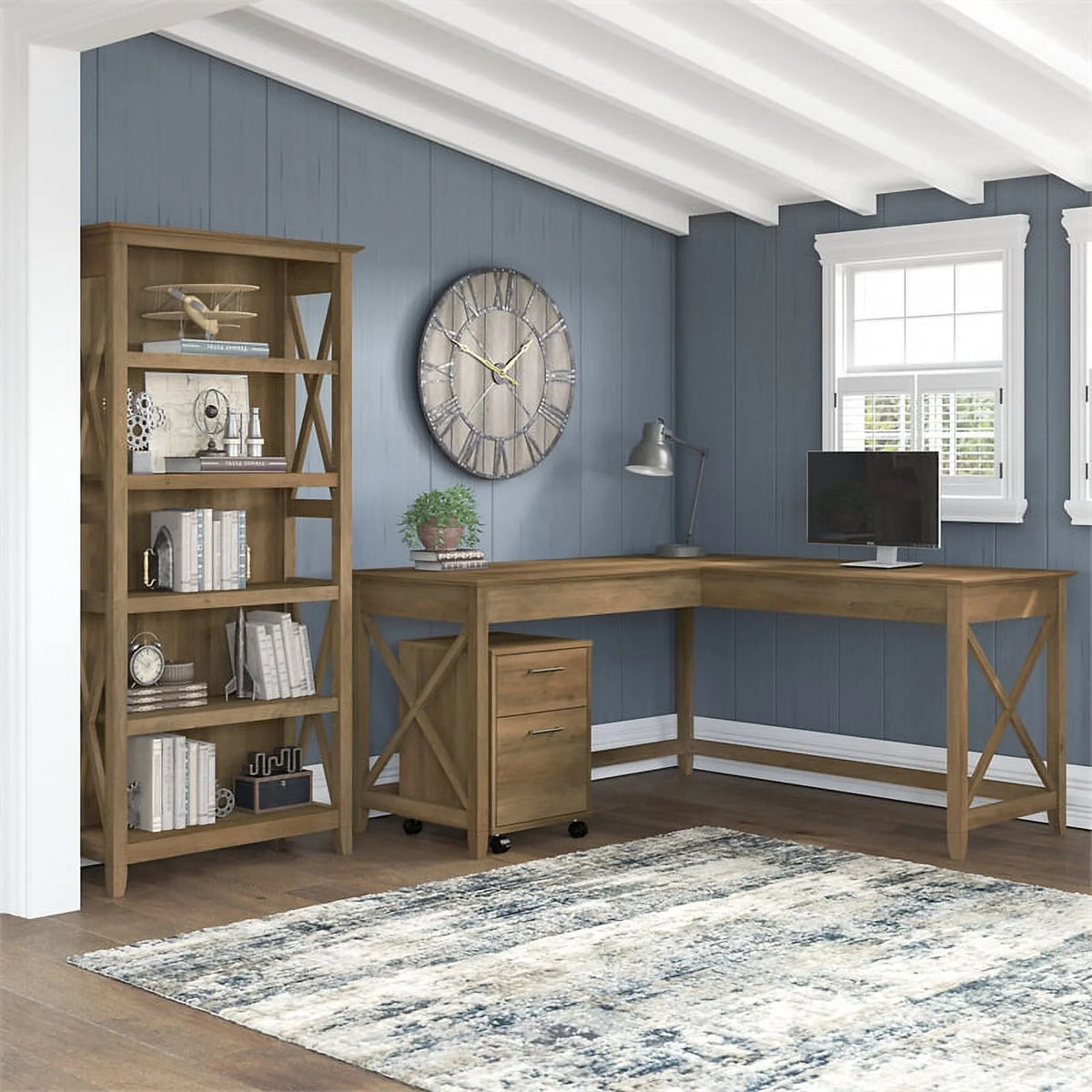 L Desk with Drawers and Bookcase Reclaimed Pine Engineered Wood K4459