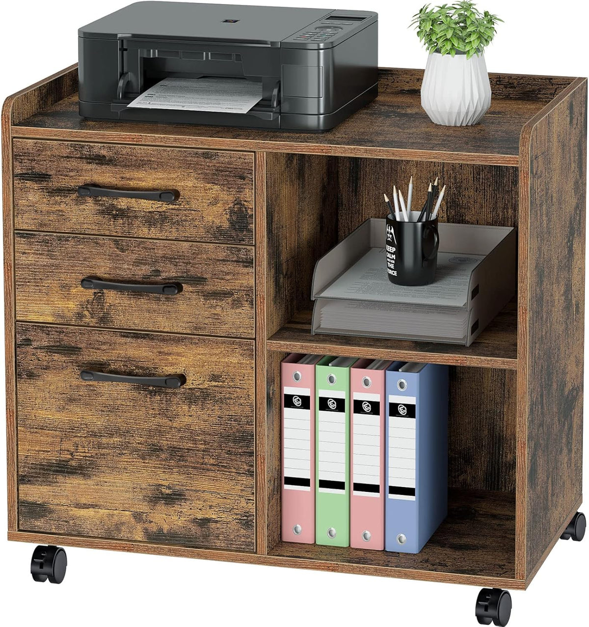 Black 3-Drawer Mobile Lateral File Cabinet with Open Storage Shelf and Wheels F832778