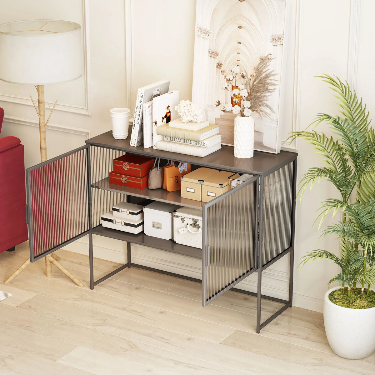 Gray Fluted Glass Sideboard Storage Cabinet Console Table N2451