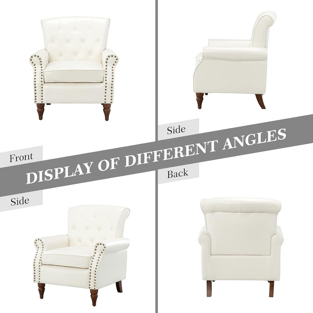 Ivory Faux Leather Accent Chair with Solid Wood Legs Z10207