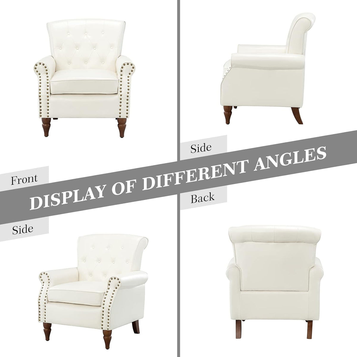 Ivory Faux Leather Accent Chair with Solid Wood Legs Z10207