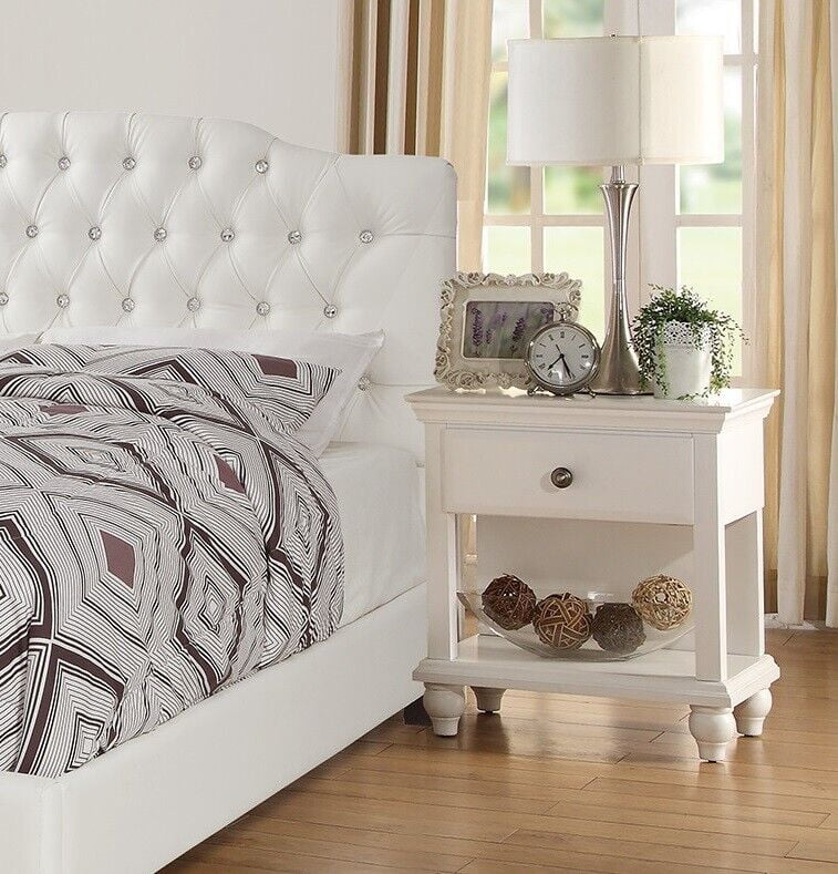King Size Bed with 2 Nightstands White Faux Leather I7495