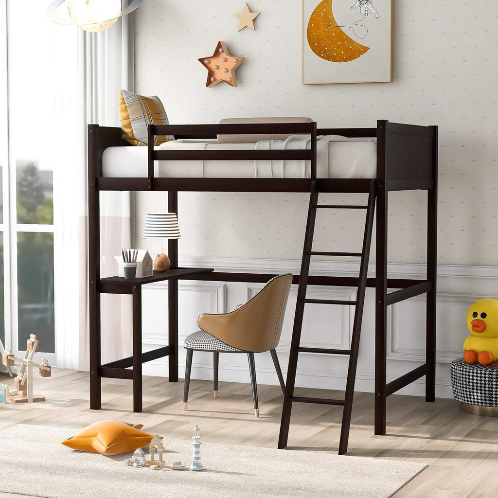 Twin Size Low Loft Bed with Slide, Storage Staircase, Safety Guardrails, Solid Pine Wood Bedframe, White E5527