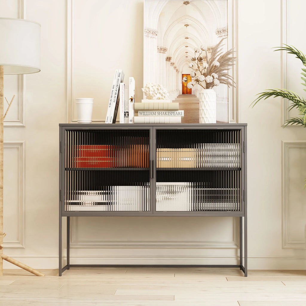 Gray Fluted Glass Sideboard Storage Cabinet Console Table N2451