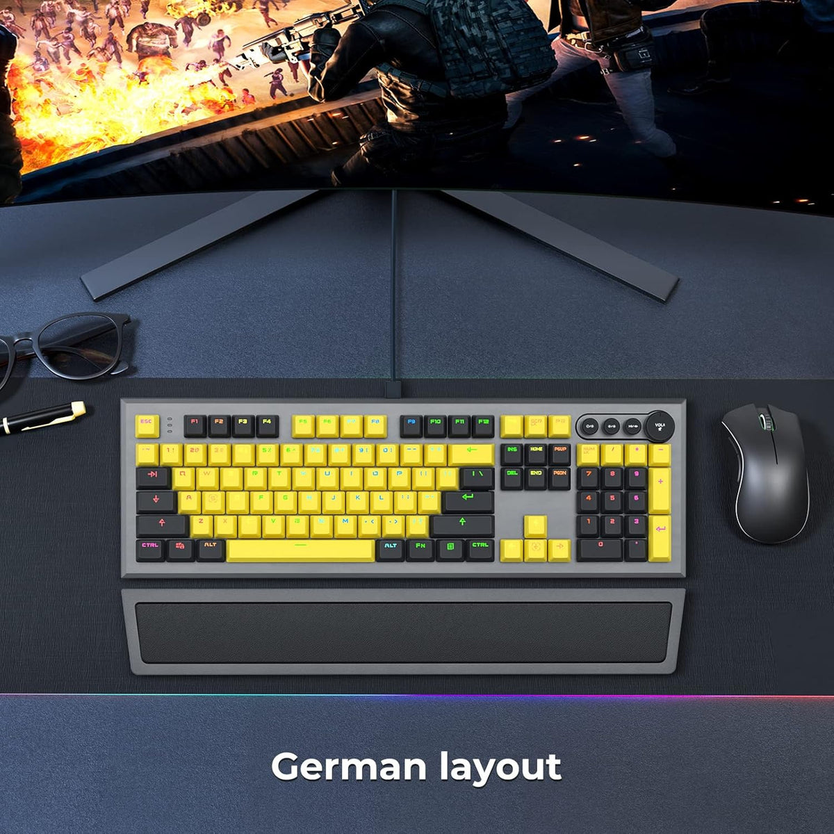 104 Keys Wired Mechanical Gaming Keyboard with Rainbow RGB Backlit Leather Wrist Rest K1776