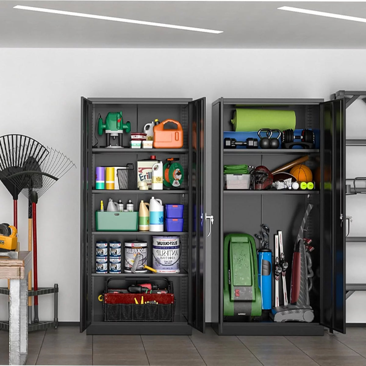 71 In Black Metal Storage Cabinet with Locking Doors and Adjustable Shelves E3879