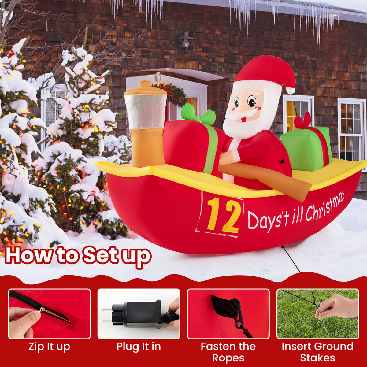 7 FT Christmas Inflatable Santa Claus Rowing Boat with Navigation Light N186860