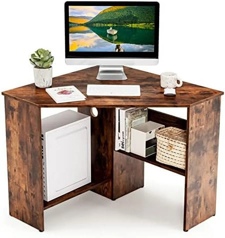Corner Computer Desk Triangular Writing Desk with 2 Shelves Y49776