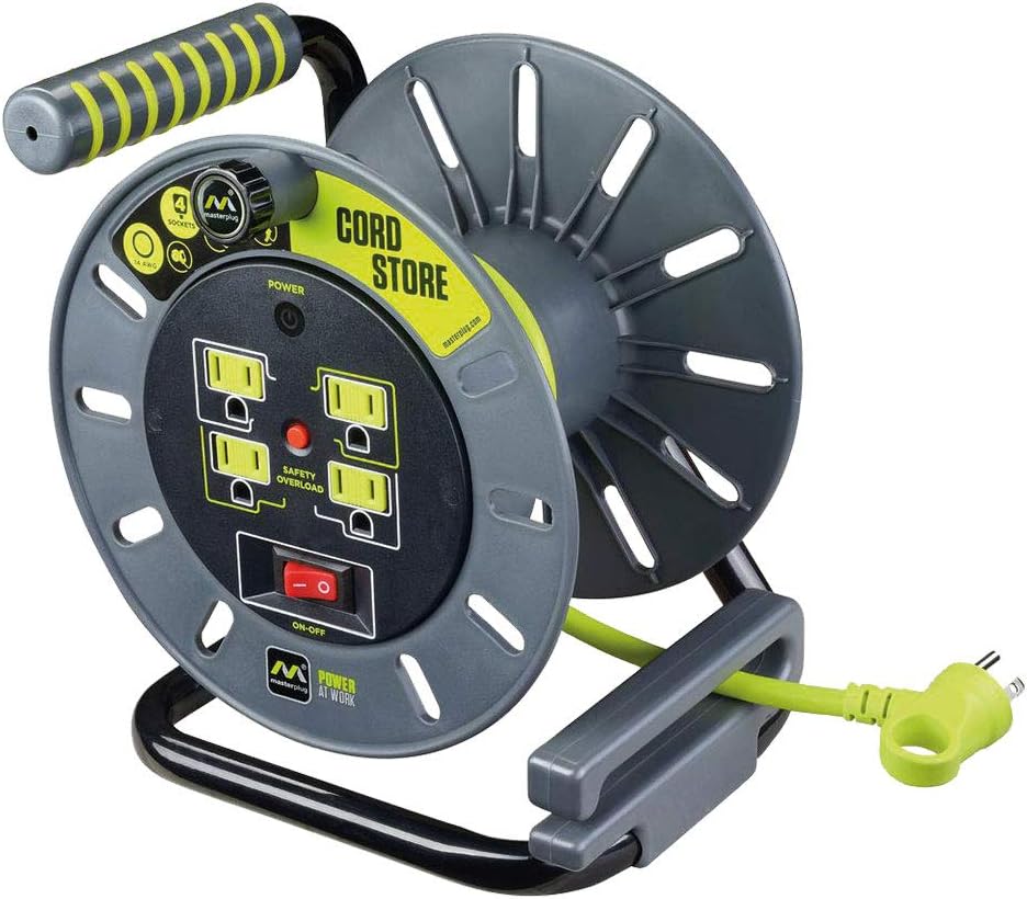 Heavy Duty Metal Cord Reel with 4 Outlets and 12 Gauge Cord (100ft) V567