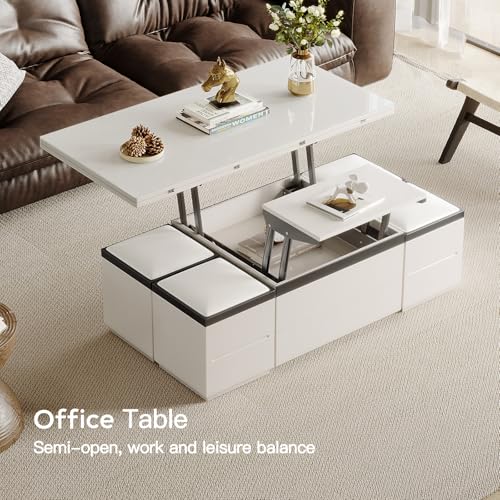 White Lifting Top Coffee Table with Four Stools C11647