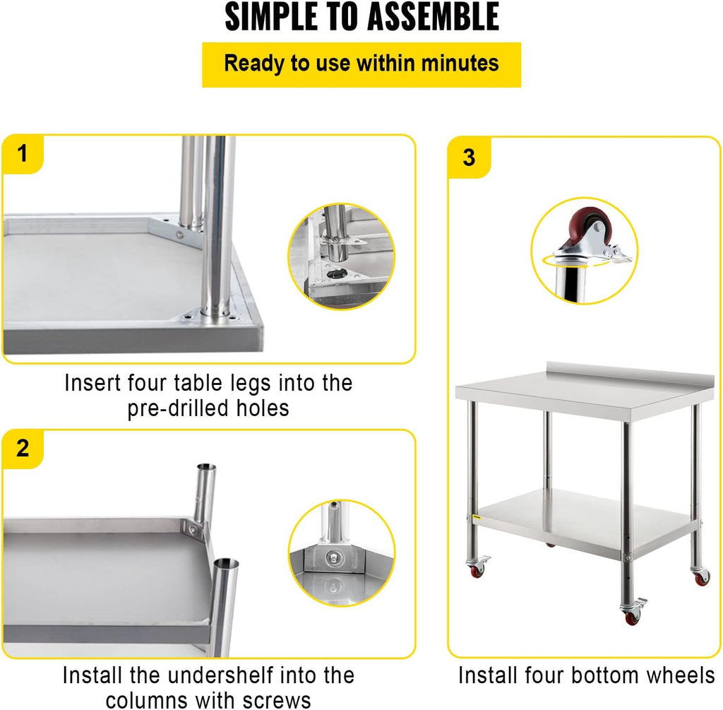 Stainless Steel Prep Table, 30 x 24 x 35 Inch, 440lbs Load Capacity, with Backsplash, Adjustable Undershelf & 4 Casters W632454