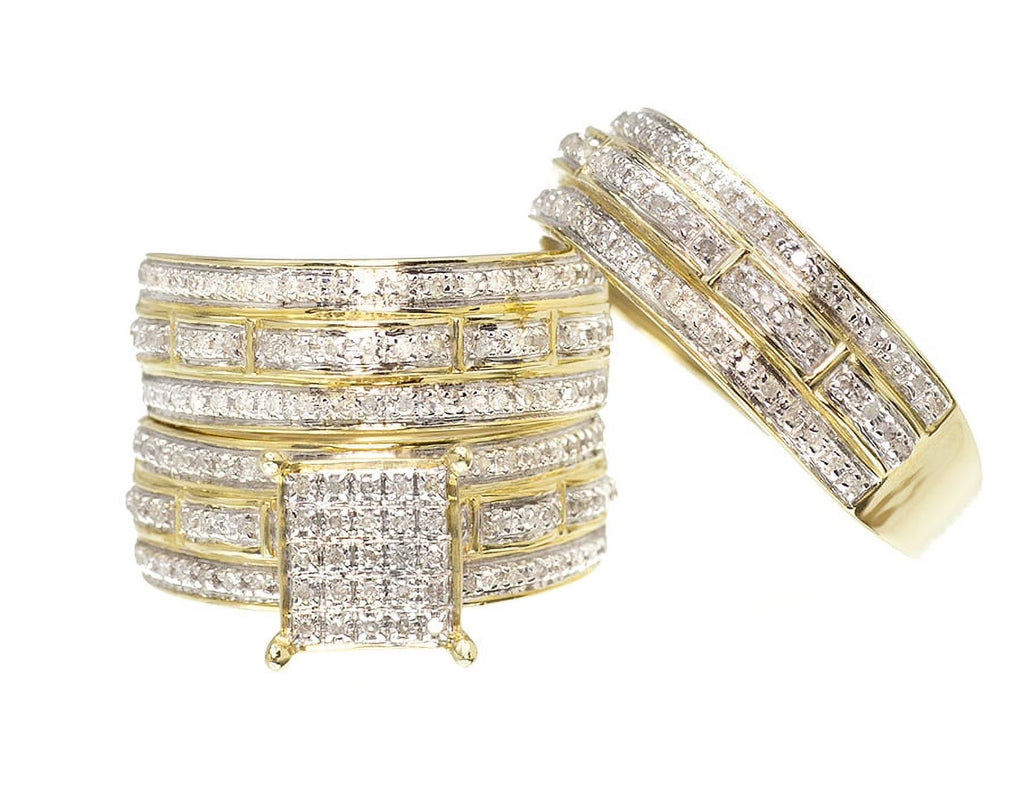 10k Yellow Gold Pave Diamond Trio Wedding Engagement Ring Set 1.0ct M63700