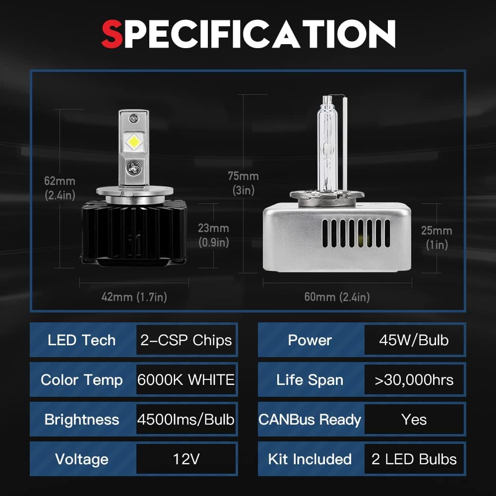 D5S LED Headlight Bulb Conversion Kit, 90W 9000Lms 6000K White, 24-CSP Chips, 2 Pack U719