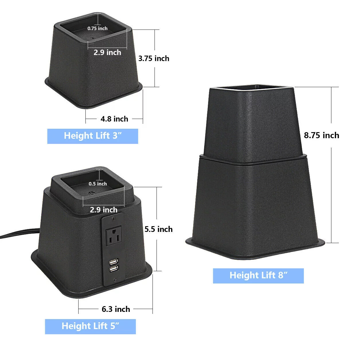 Black Adjustable Bed Riser with Power Outlet and USB Ports Set of 4 B5762