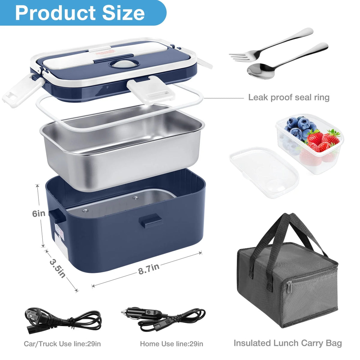 Electric Lunch Box Food Heater 60W 1.8L Stainless Steel Green Royal Blue N9727
