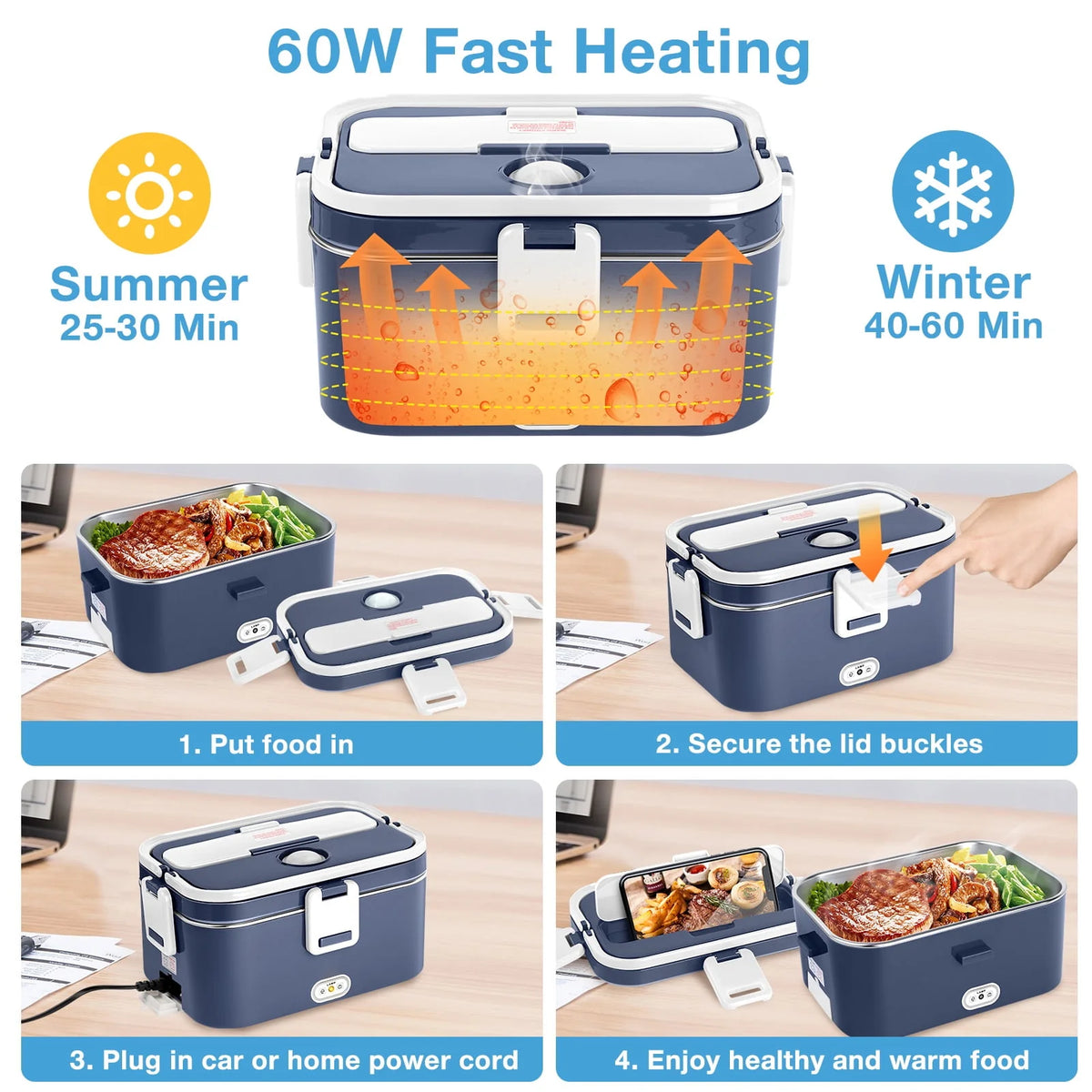 Electric Lunch Box Food Heater 60W 1.8L Stainless Steel Green Royal Blue N9727