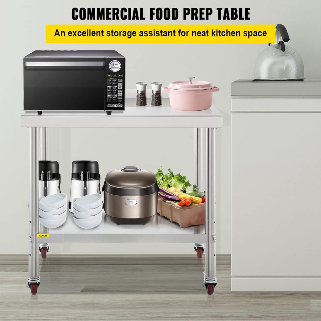 Stainless Steel Prep Table, 30 x 24 x 35 Inch, 440lbs Load Capacity, with Backsplash, Adjustable Undershelf & 4 Casters W632454