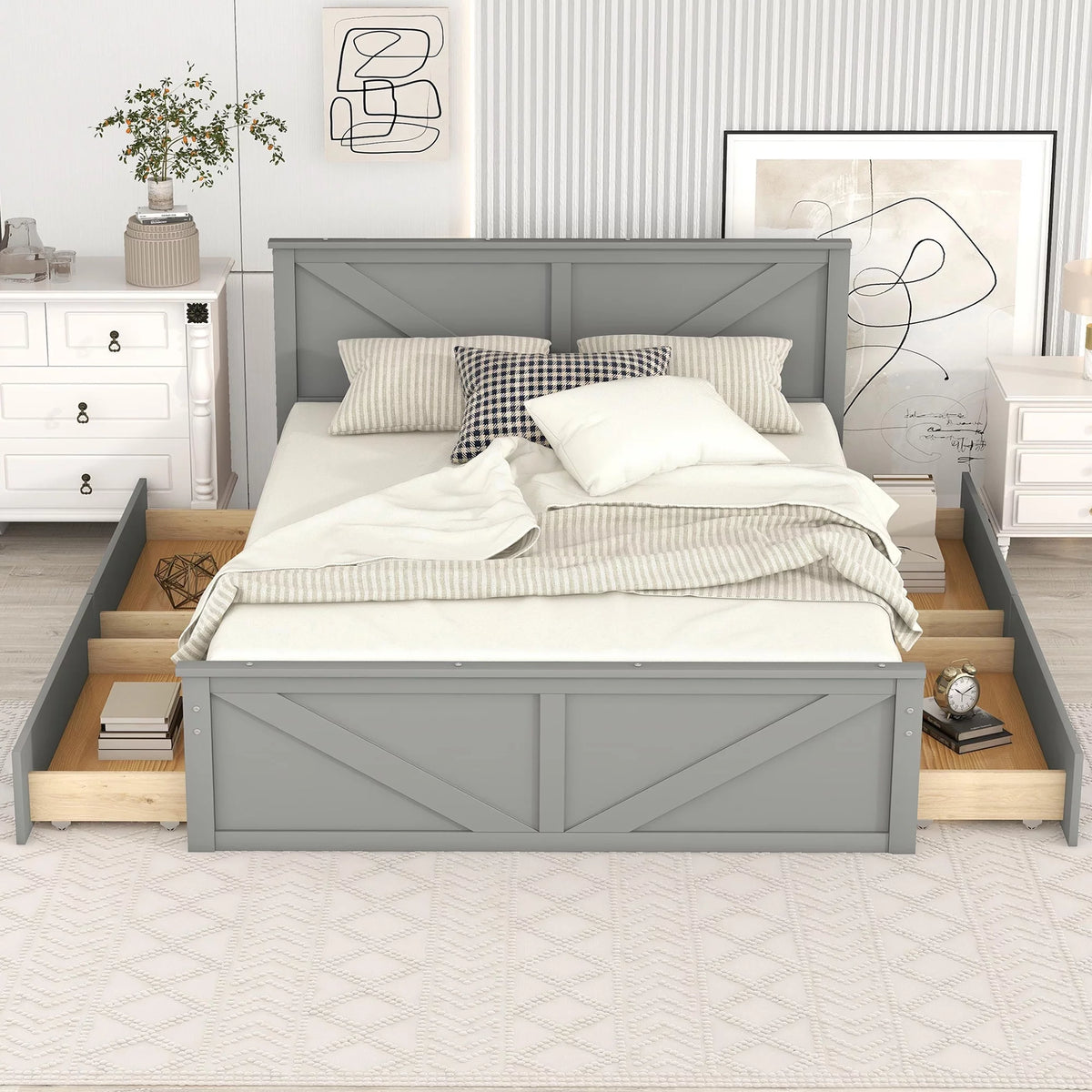 Wood Queen Bed Frame with 4 Storage Drawers Y7370