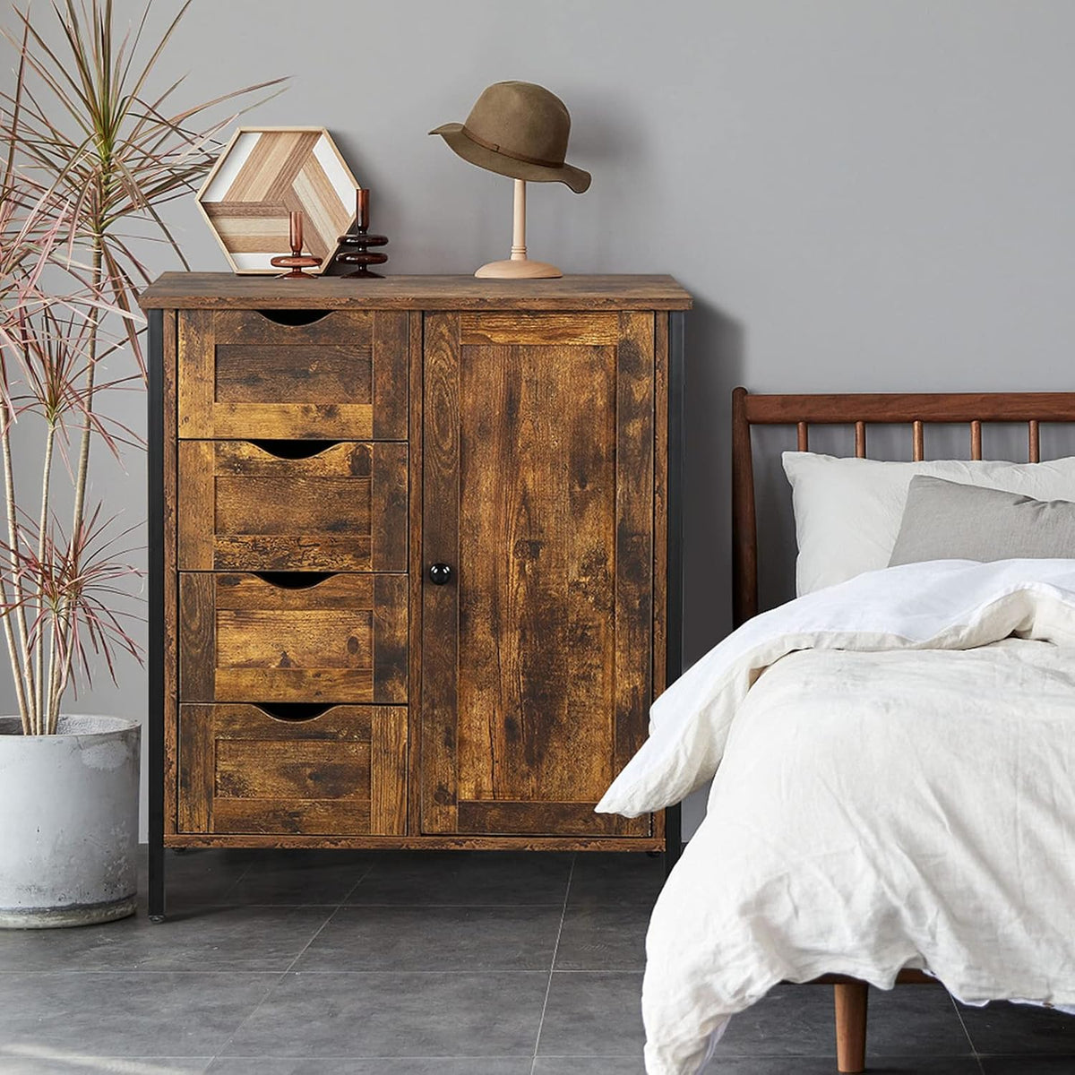 Rustic Brown 4 Drawer 1 Door Wooden Metal Frame Bathroom Floor Cabinet P19450