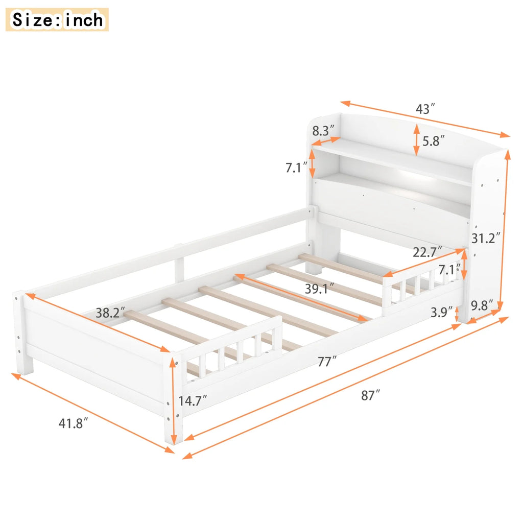Twin Size Wood Platform Bed with Storage Headboard and Guardrail T152416