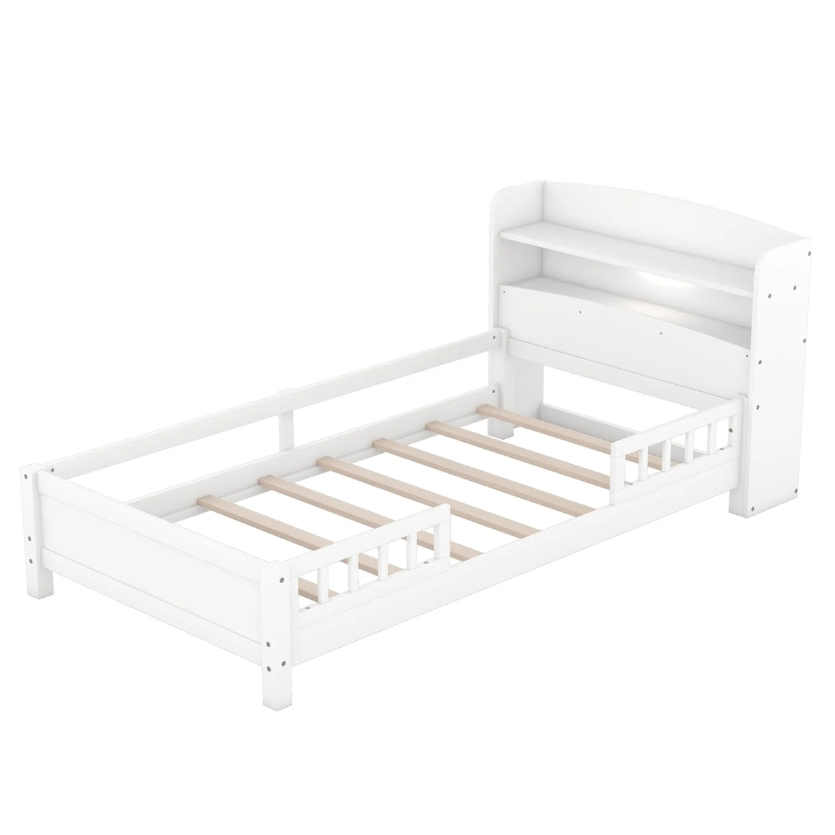 Twin Size Wood Platform Bed with Storage Headboard and Guardrail T152416