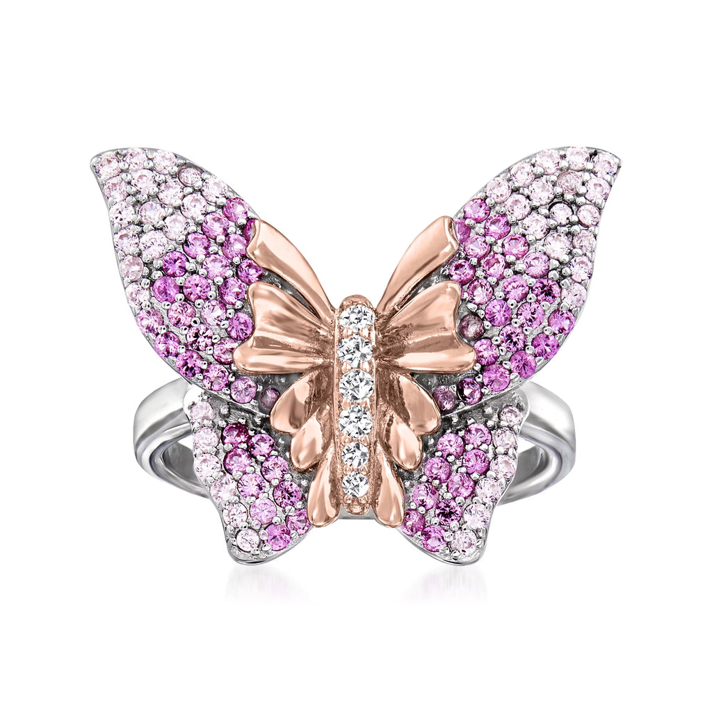 Simulated Pink Sapphire Butterfly Ring With CZ Accents in 2-Tone Sterling Silver H6053