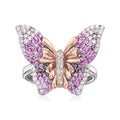 Simulated Pink Sapphire Butterfly Ring With CZ Accents in 2-Tone Sterling Silver H6053