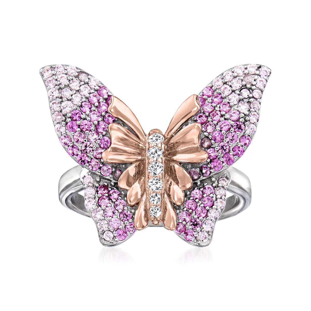 Simulated Pink Sapphire Butterfly Ring With CZ Accents in 2-Tone Sterling Silver H6053