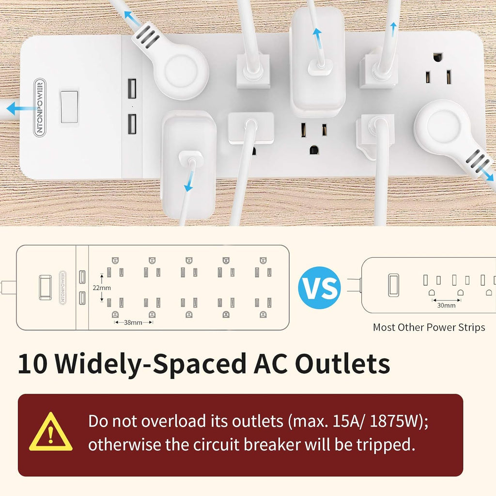 25 Ft Extension Cord Surge Protector with 10 Outlets 2 USB, Pack of 2 T350807