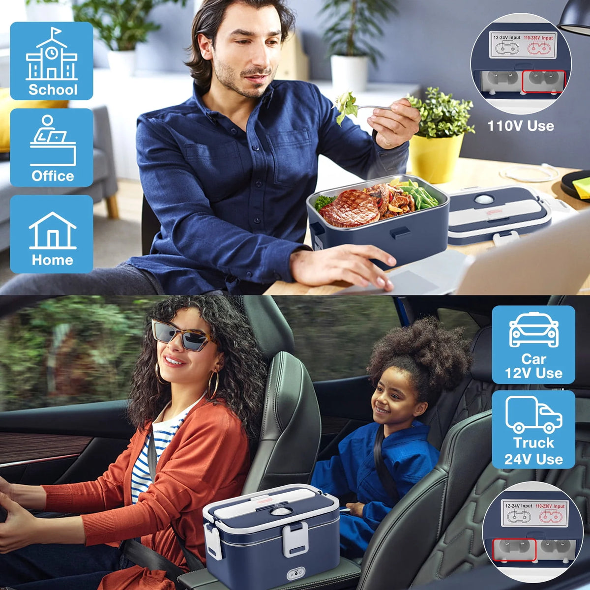 Electric Lunch Box Food Heater 60W 1.8L Stainless Steel Green Royal Blue N9727