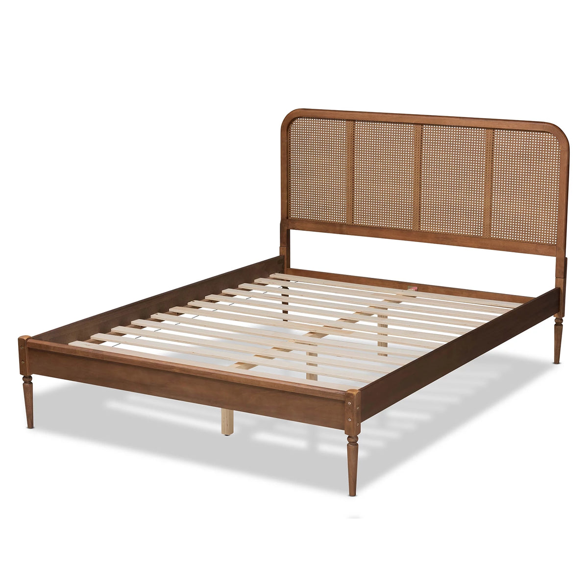 Walnut Brown Wood and Synthetic Rattan Queen Size Platform Bed A389659