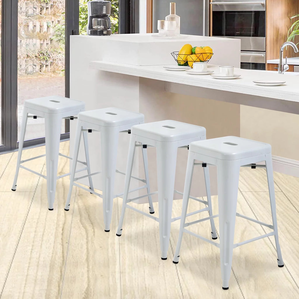 Metal Bar Stools Set of 4, 24 inch White Stackable Backless Counter Height C782876
