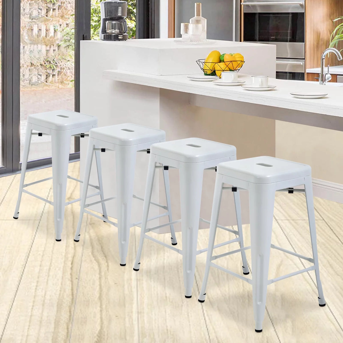 Metal Bar Stools Set of 4, 24 inch White Stackable Backless Counter Height C782876