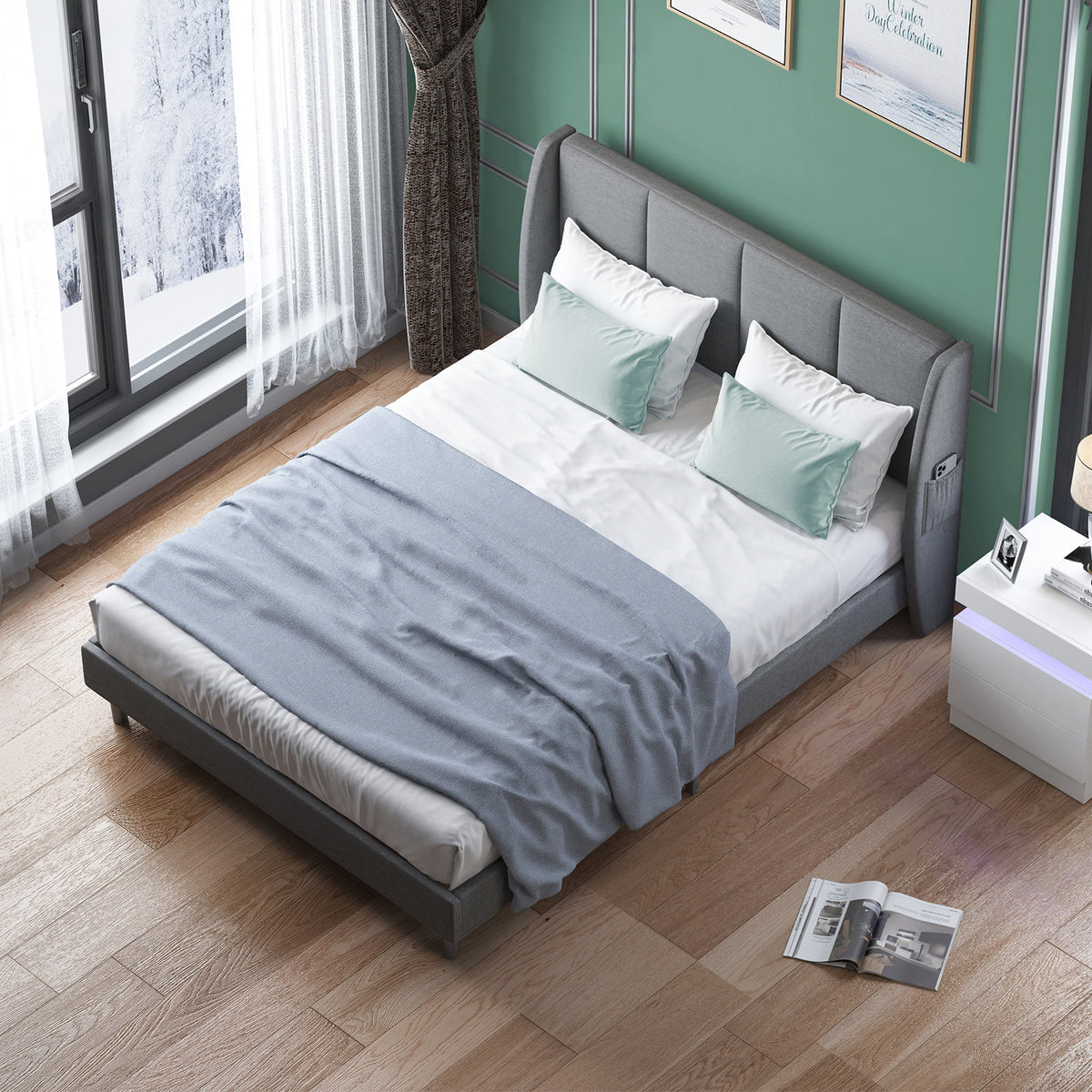 King Size Dark Gray Platform Bed Frame with Side Pockets O608